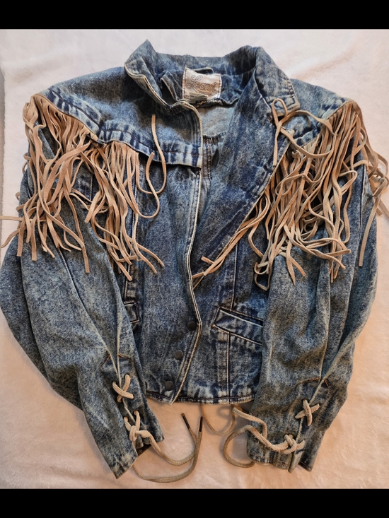 LeaSi International Jackets & Blazers - Vintage Western Denim Fringe Jacket Leather Tassels Acid Wash Cropped Medium.